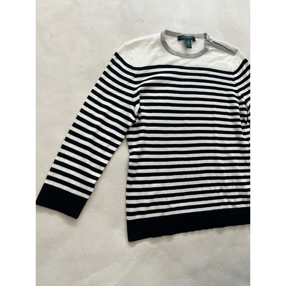 Lauren Ralph Lauren Petite Striped Sweater White Black Gray Zip Shoulder Cotton - Picture 3 of 13
